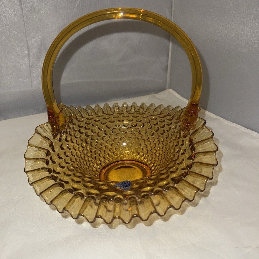 Vtg FENTON AMBER GLASS HOBNAIL RUFFLED EDGE BASKET CANDY DISH 9.5" Tall - Picture 4 of 13